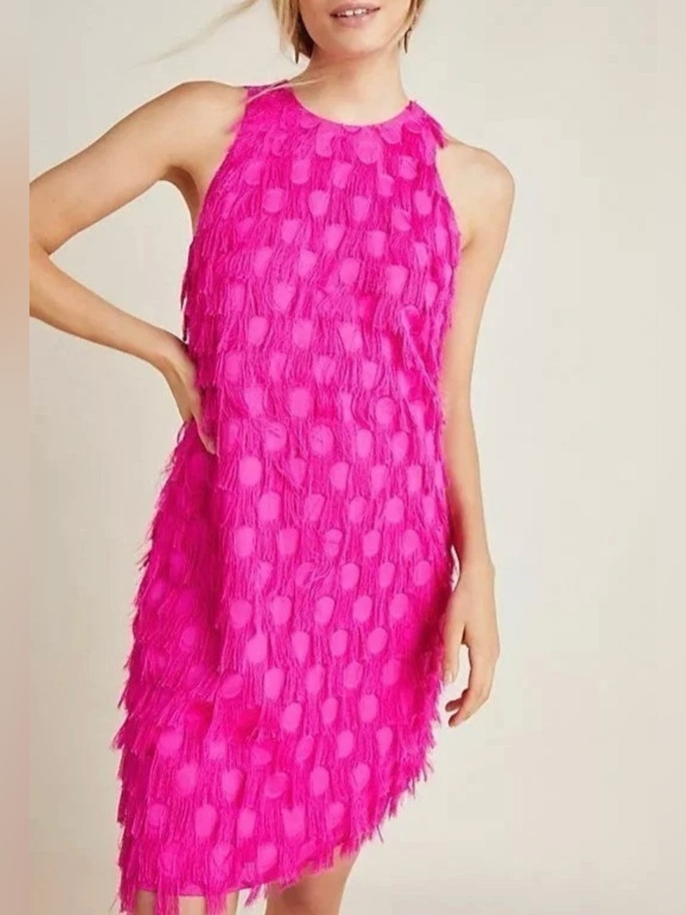 Anthropologie Hot Pink One-Shoulder Fringe Shift Dress, size 6. Like new.